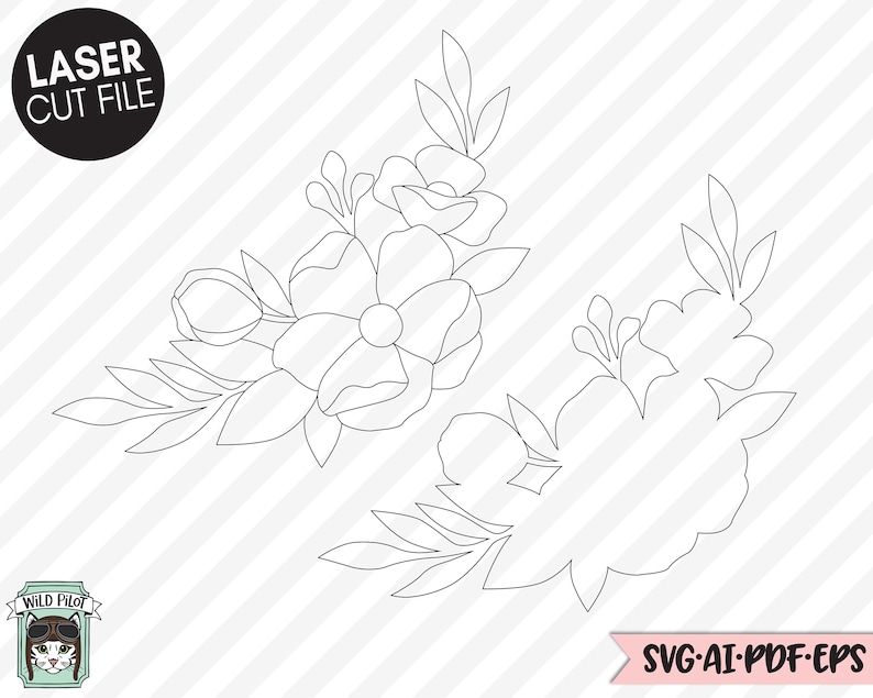 May include: Three black and white floral arrangements with a simple line art style. The arrangements are in the shape of a corner or border.
