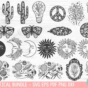 May include: A set of 16 black and white mystical themed SVG cut files. The designs include a cactus, a butterfly, a sun, a moon, a peace sign, a feather, a flower, and planets.