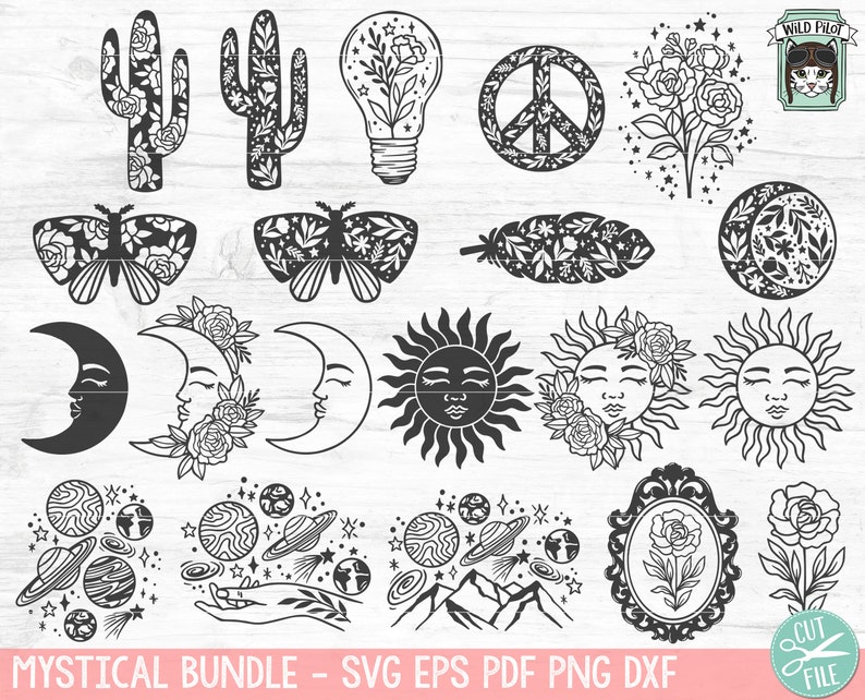 May include: A set of 16 black and white mystical themed SVG cut files. The designs include a cactus, a butterfly, a sun, a moon, a peace sign, a feather, a flower, and planets.