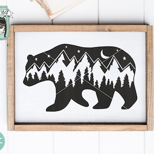 Bear SVG, Bear Silhouette SVG, Bear Mountain Scene, Forest Trees, Camping svg file, hiking, adventure, Mountain range, night sky, outdoors