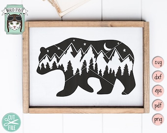 Bear SVG, Bear Silhouette SVG, Bear Mountain Scene, Forest Trees, Camping svg file, hiking, adventure, Mountain range, night sky, outdoors