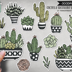 May include: Twelve digital stickers featuring various cacti and succulents in black and white pots with geometric patterns. The stickers are in a cartoon style and have a white outline.