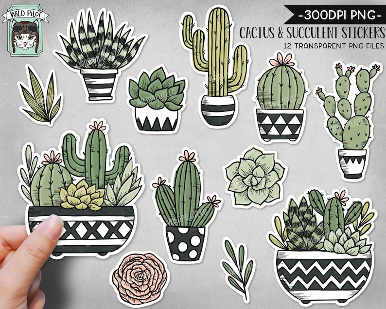 May include: Twelve digital stickers featuring various cacti and succulents in black and white pots with geometric patterns. The stickers are in a cartoon style and have a white outline.