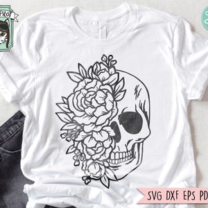 May include: A black and white illustration of a skull with flowers covering one side of the skull. The skull is outlined in black and the flowers are detailed with intricate lines.