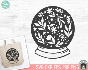 May include: Black and white silhouette of a snow globe with a floral design inside. The snow globe is on a white background.