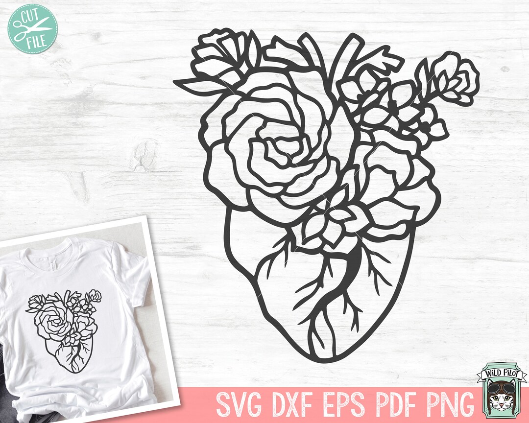 Floral Heart SVG File, Anatomical Heart SVG File, Valentines Day SVG ...