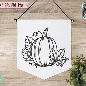 May include: A black and white line drawing of a pumpkin with leaves. The pumpkin is in the center of the image and the leaves are on either side of it. The pumpkin has a stem and a swirl on top. The leaves are detailed and have veins.