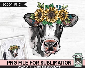 Floral Cow SUBLIMATION PNG, Cow Sunflower png file, Animal sublimation, Watercolor Cow Face png file, Floral Animal, Cow Flower Crown Sub