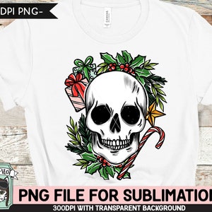 Christmas Skull SUBLIMATION design PNG, Christmas Skull png file, Christmas sublimation download, Skull with Holly, Candy Cane, Presents image 2