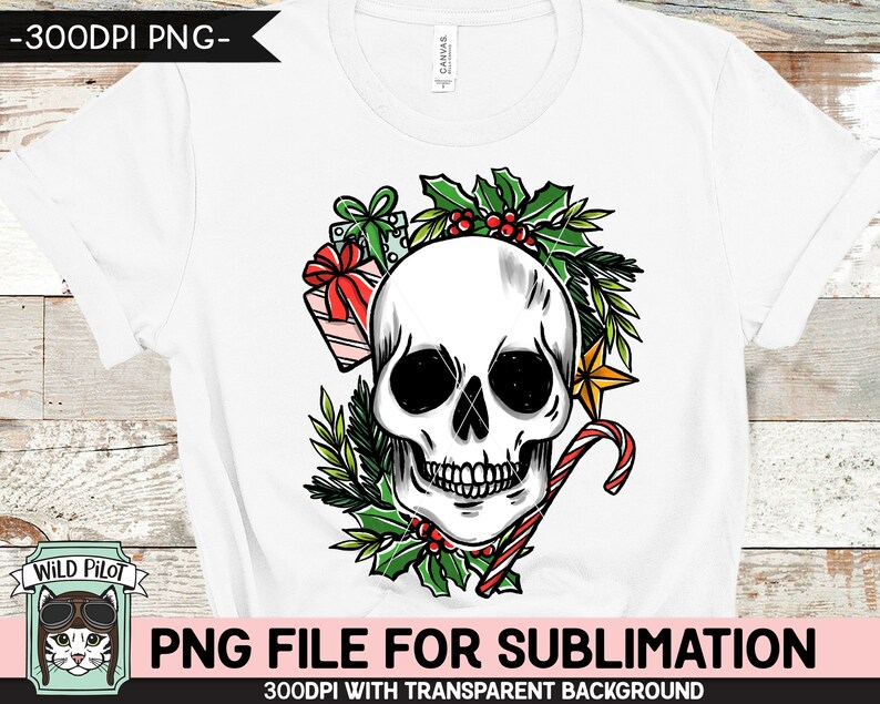 Christmas Skull SUBLIMATION design PNG, Christmas Skull png file, Christmas sublimation download, Skull with Holly, Candy Cane, Presents image 2