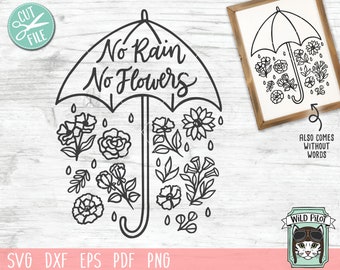 No Rain No Flowers SVG file, Floral Umbrella svg, Umbrella with Flowers svg, Positive Quotes SVG, Positive Affirmations, Inspirational Quote