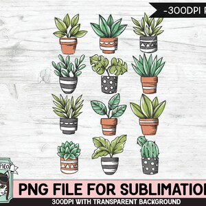 May include: Set of 12 hand-drawn illustrations of potted plants in various styles, including succulents, cacti, and leafy plants. The illustrations are in black and white with green accents and are set against a white woodgrain background.
