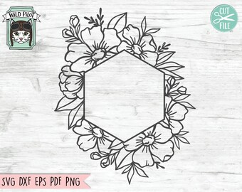 May include: Black and white line art illustration of a hexagonal frame surrounded by a wreath of flowers. The frame is empty and ready for text or an image.
