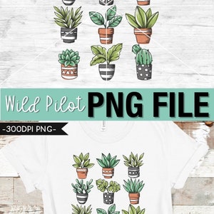 May include: A set of 16 digital illustrations of potted plants in various styles. The plants are drawn in a hand-drawn style with green leaves and brown pots. The pots have different patterns, including stripes, polka dots, and geometric designs. The illustrations are perfect for use in crafting projects, scrapbooking, or digital design.