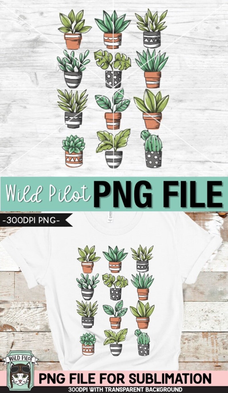 May include: A set of 16 digital illustrations of potted plants in various styles. The plants are drawn in a hand-drawn style with green leaves and brown pots. The pots have different patterns, including stripes, polka dots, and geometric designs. The illustrations are perfect for use in crafting projects, scrapbooking, or digital design.