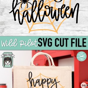 May include: A digital design file for a tote bag featuring the text "happy halloween" with a spider and spiderweb in black and orange.