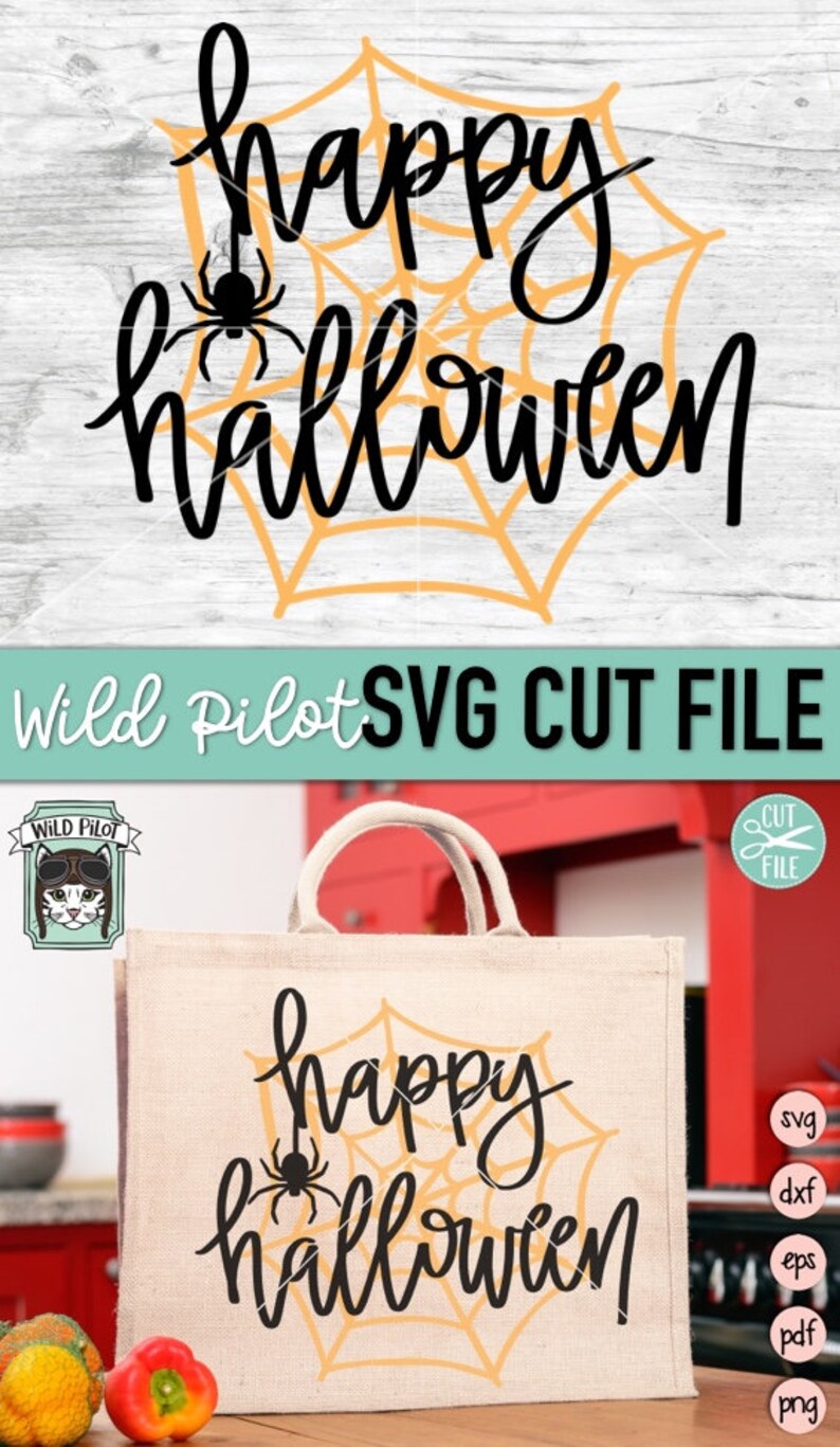May include: A digital design file for a tote bag featuring the text "happy halloween" with a spider and spiderweb in black and orange.