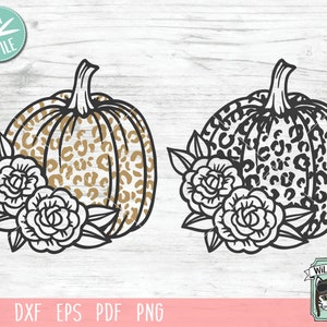 May include: Two black and white pumpkin silhouettes with leopard print patterns. Each pumpkin has three roses on the side.