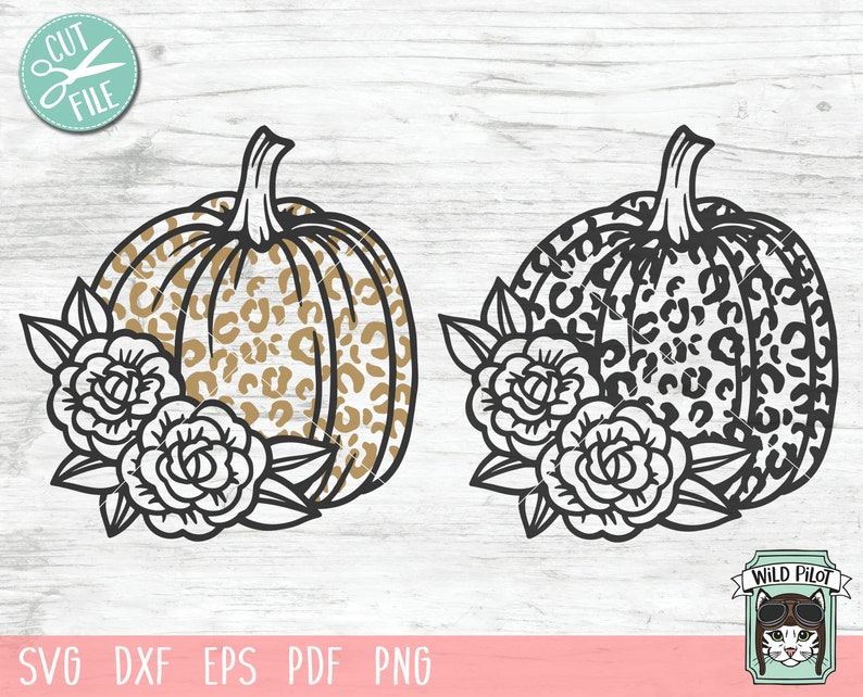 May include: Two black and white pumpkin silhouettes with leopard print patterns. Each pumpkin has three roses on the side.