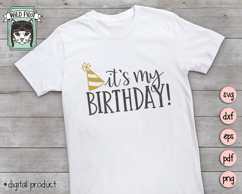 Puede incluir: Camiseta blanca con el texto "It's my birthday!" en negro con un gr&aacute;fico de gorro de fiesta dorado.