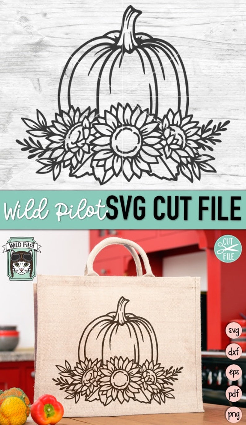 May include: Black and white line art SVG cut file of a pumpkin with sunflowers. The design is shown on a tote bag.