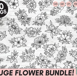 May include: A set of 50 black and white flower SVG cut files. The flowers are in various styles and sizes, including roses, daisies, and lilies. The text "HUGE FLOWER BUNDLE!" is at the bottom of the image.