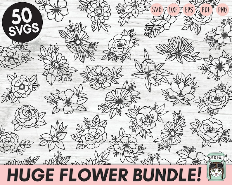 May include: A set of 50 black and white flower SVG cut files. The flowers are in various styles and sizes, including roses, daisies, and lilies. The text "HUGE FLOWER BUNDLE!" is at the bottom of the image.