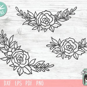 May include: Three black and white line art floral arrangements with roses and leaves. The arrangements are in a corner shape and can be used for crafting, scrapbooking, or digital design.