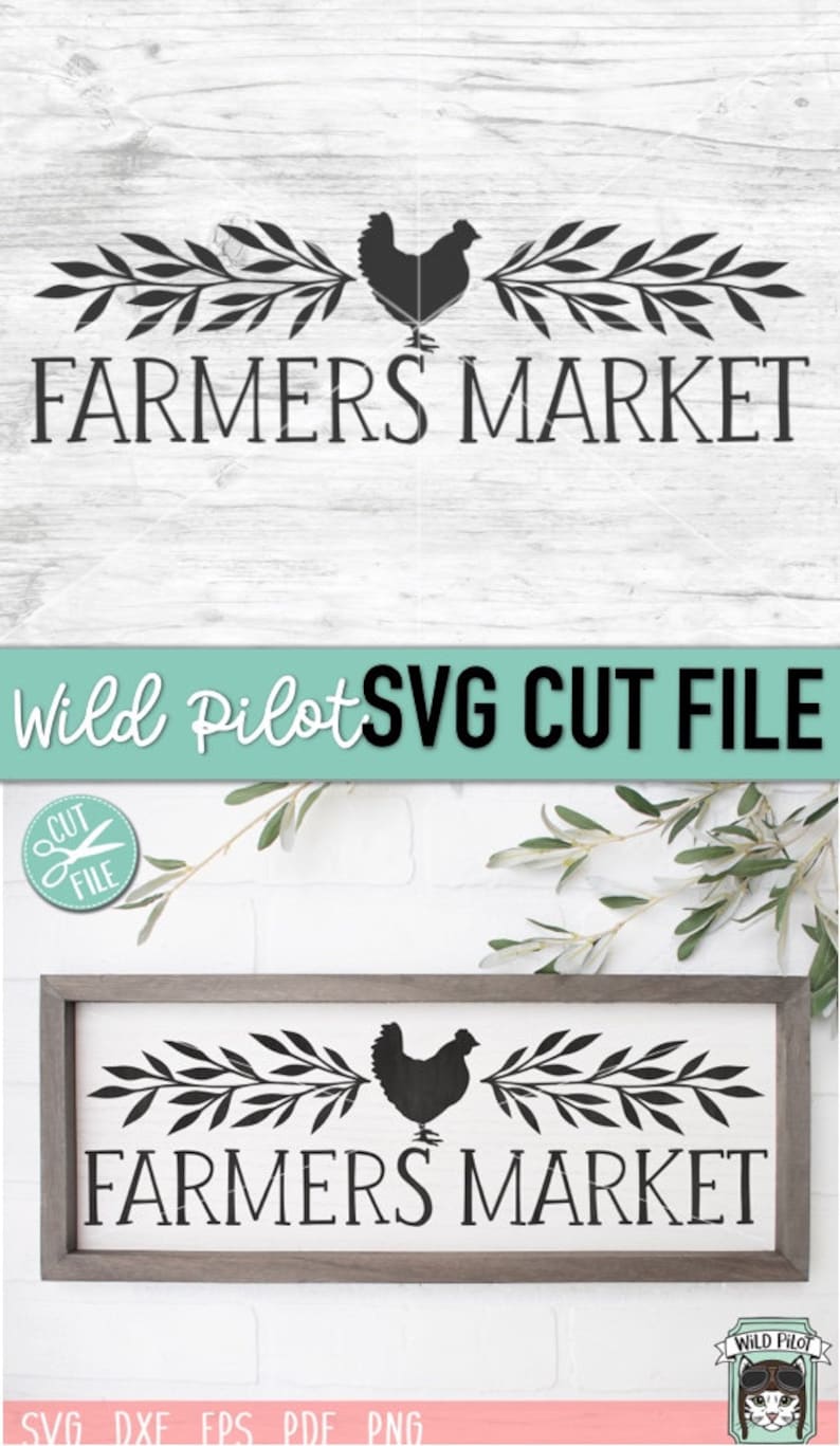 Op de afbeelding: Zwart-witte silhouet van een kip met bladeren aan weerszijden, met de tekst "FARMERS MARKET" eronder. De afbeelding is op een houtnerf achtergrond.
