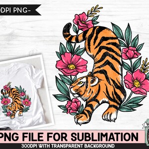 Tiger SUBLIMATION design PNG, Floral Tiger png file, Tiger Tattoo sublimation designs, Flower Tiger illustration, download, Tiger Shirt png