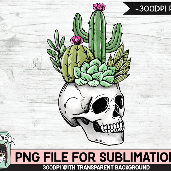 Skull Cactus Planter SUBLIMATION design PNG, Cactus Skull png file, Skull sublimation, Fall, Autumn, Halloween, Succulent Skull illustration