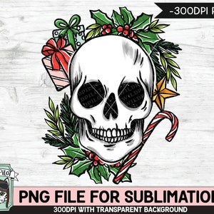 Christmas Skull SUBLIMATION design PNG, Christmas Skull png file, Christmas sublimation download, Skull with Holly, Candy Cane, Presents image 1