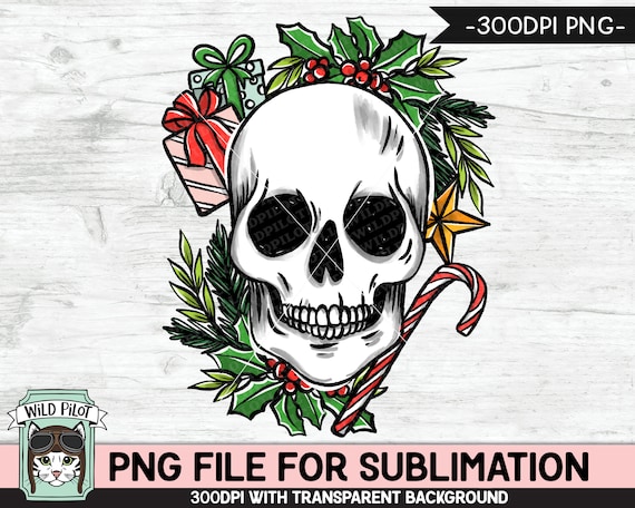 Christmas Skull SUBLIMATION design PNG, Christmas Skull png file, Christmas sublimation download, Skull with Holly, Candy Cane, Presents