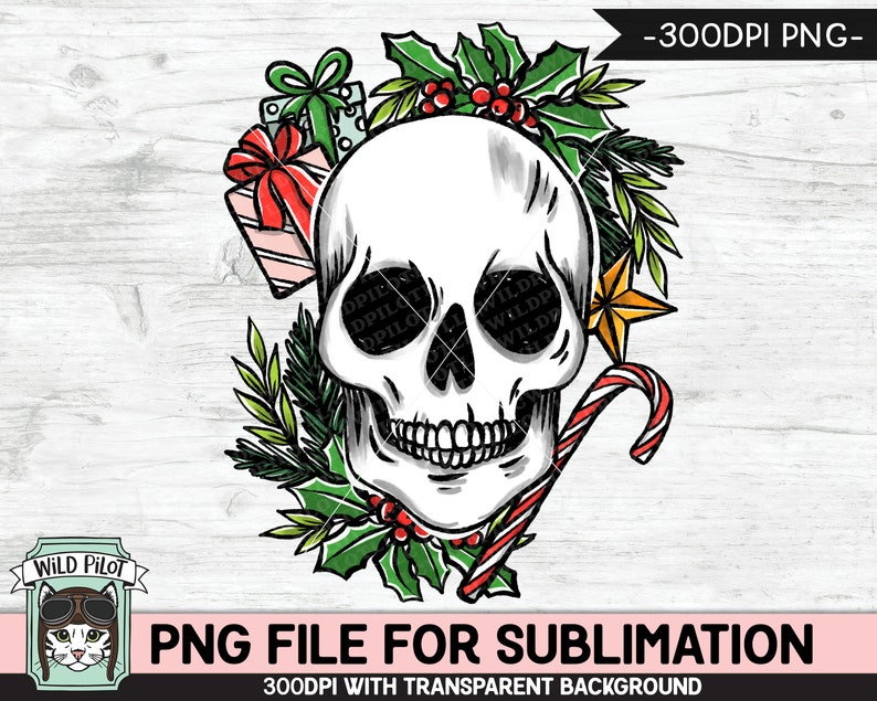 Christmas Skull SUBLIMATION design PNG, Christmas Skull png file, Christmas sublimation download, Skull with Holly, Candy Cane, Presents image 1