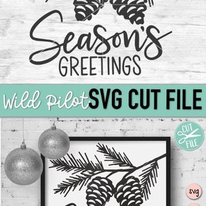 May include: Black and white digital download of a pine branch with pine cones and the text "Season's Greetings".