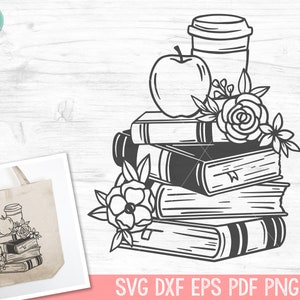 May include: Black and white line art illustration of a stack of books with an apple, a coffee cup, and flowers on top. The books are stacked on top of each other and the apple is sitting on top of the books. The coffee cup is sitting on top of the apple and the flowers are around the coffee cup. The illustration is on a white background.