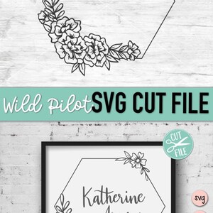 May include: A black and white digital download of a hexagonal floral frame with the text "Katherine Avery". The frame is decorated with flowers and leaves. The text "svg, dxf, eps, pdf, png" is listed below the frame. The text "*Frame only, no text or font included.*" is below the listed file types.