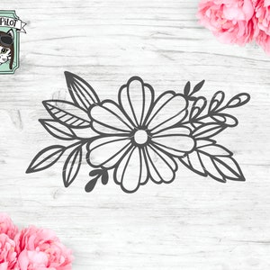 Puede incluir: Un dibujo en blanco y negro de un ramo de flores con una flor grande en el centro y flores y hojas m&aacute;s peque&ntilde;as alrededor.