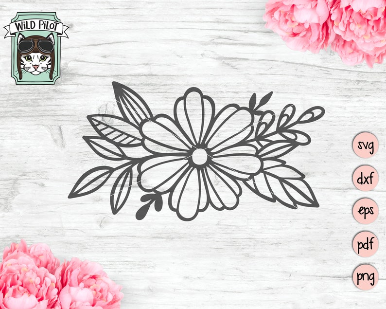 Puede incluir: Un dibujo en blanco y negro de un ramo de flores con una flor grande en el centro y flores y hojas m&aacute;s peque&ntilde;as alrededor.