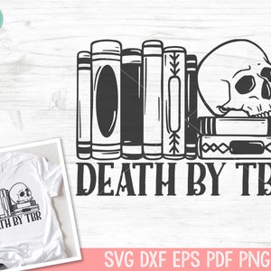 Może przedstawiać: Czarno-biała ilustracja czaszki spoczywającej na stosie książek z tekstem "Death by TBR".