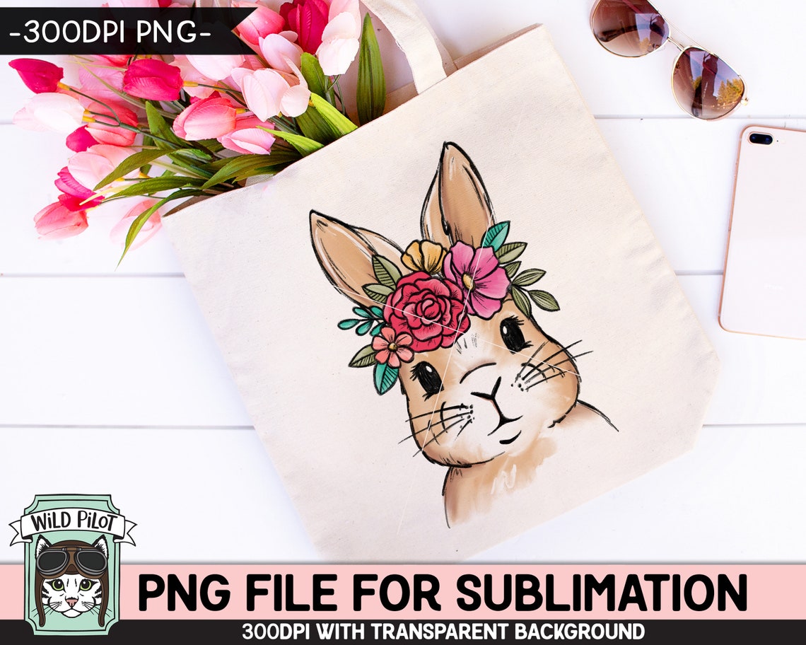 Floral Bunny SUBLIMATION Design PNG, Easter Bunny Face Png File, Flower ...