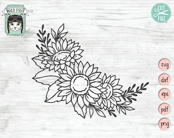 May include: Black and white line art illustration of two sunflowers with leaves and stems. The sunflowers are facing the right side of the image. The image is on a white wood background.