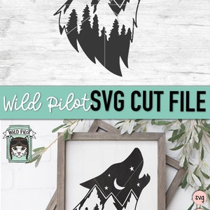 May include: Black and white silhouette of a wolf howling at the moon with a mountain range and trees inside the wolf's head. The image is on a white background.