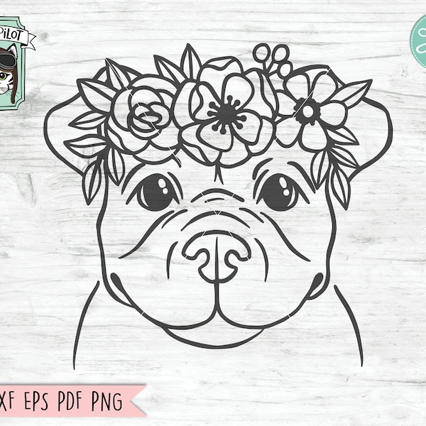 Dog SVG, Dog with Flower Crown SVG, Dog cut file, Pitbull svg, Pit Bull svg, Pittie svg, Animal Floral Crown, Dog with Flowers on Head