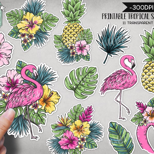 Printable Tropical Sticker fichiers PNG, Tropical Flower Illustrations, Flamingo, Ananas, Hibiscus, Monstera Leaves, Summer Planner Sticker