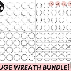 Puede incluir: Un conjunto de 96 archivos SVG de coronas en blanco y negro. Las coronas son de varios estilos y tamaños. El texto "HUGE WREATH BUNDLE!" está en la parte inferior de la imagen.