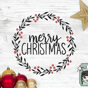 May include: Black and white graphic of a wreath with red berries and the text "merry christmas" in a handwritten font.