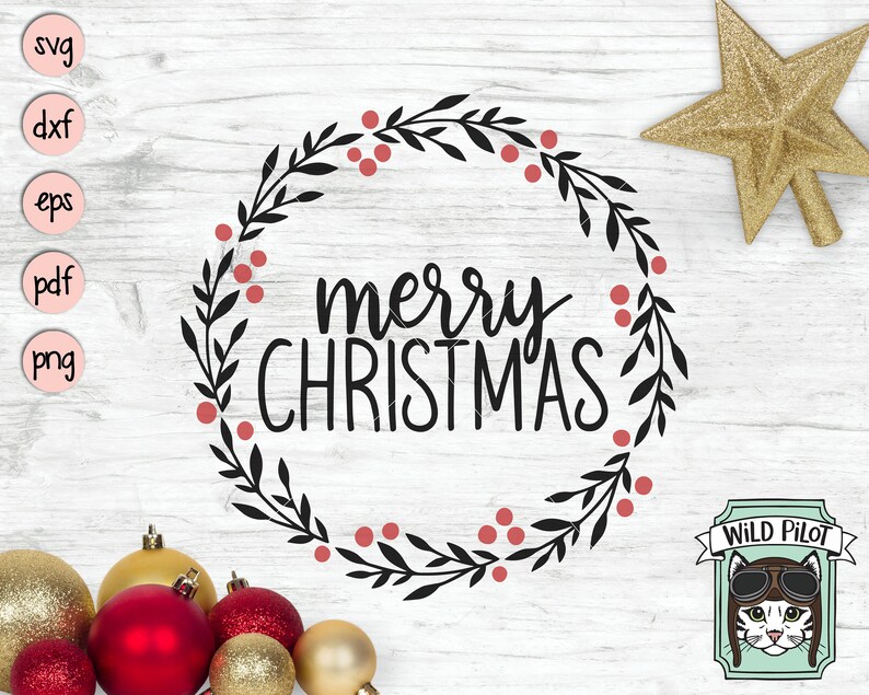 May include: Black and white graphic of a wreath with red berries and the text "merry christmas" in a handwritten font.