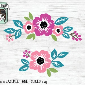 May include: Floral SVG design featuring two arrangements of flowers, leaves, and berries in shades of pink, magenta, teal, and green. The design includes the text "Wild Pilot" and file type icons: SVG, DXF, EPS, PDF, and PNG.