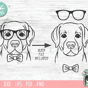 May include: Black and white line art illustration of a Labrador Retriever wearing glasses and a bow tie. The dog is looking straight ahead. The image is on a woodgrain background.
